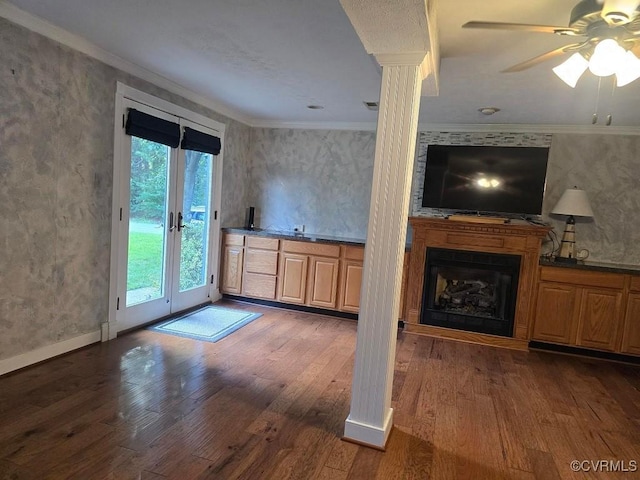 10818 Sebring Dr, Henrico, VA 23233 - unfurnished living room with wood finished floors, decorative columns, crown molding, a fireplace, and a ceiling fan