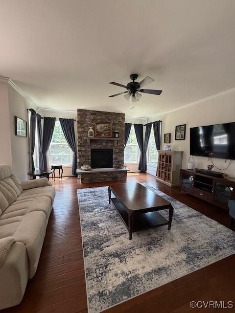 17037 Windon Ct, Moseley, VA 23120 - living room featuring crown molding, ceiling fan, hardwood / wood-style floors, and a fireplace