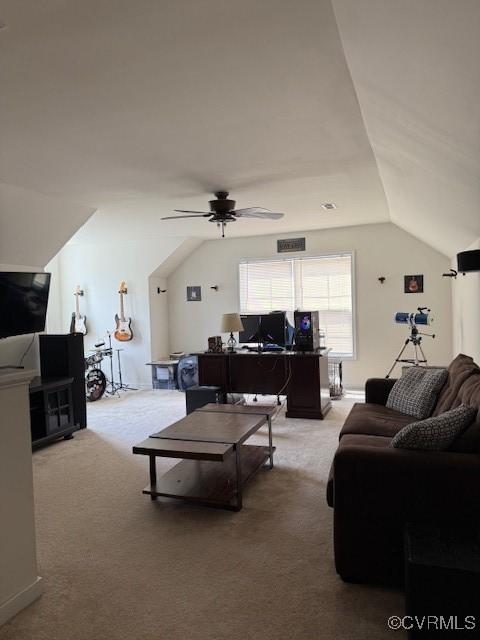 17037 Windon Ct, Moseley, VA 23120 - living area with a desk, ceiling fan, light carpet, and lofted ceiling