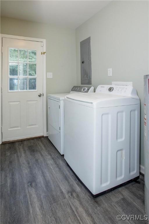 9300 Greatbridge Rd, Chesterfield, VA 23237 - laundry area with washing machine and clothes dryer, dark wood finished floors, and electric panel