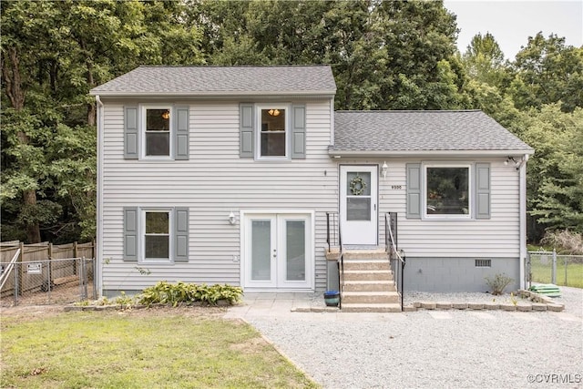 9300 Greatbridge Rd, Chesterfield, VA 23237 - tri-level home featuring roof with shingles, french doors, entry steps, and view of wooded area