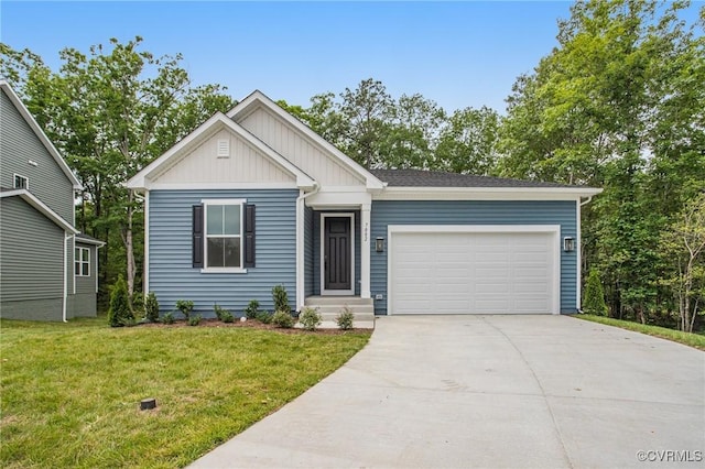 7082 Braxton Ct, Ladysmith, VA 22546 - ranch-style home with board and batten siding, a garage, concrete driveway, and a front lawn