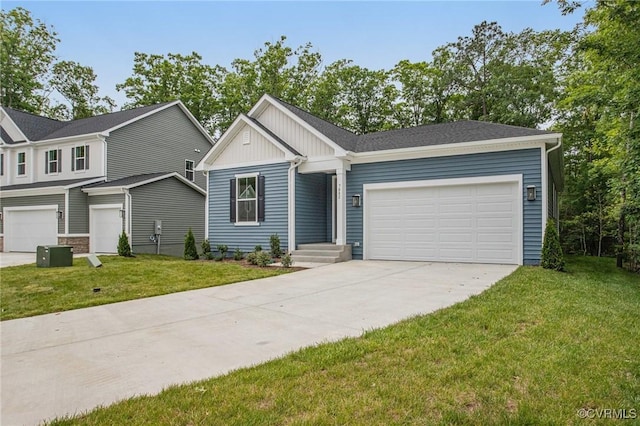 7082 Braxton Ct, Ladysmith, VA 22546 - view of front facade with driveway, an attached garage, a front yard, and board and batten siding