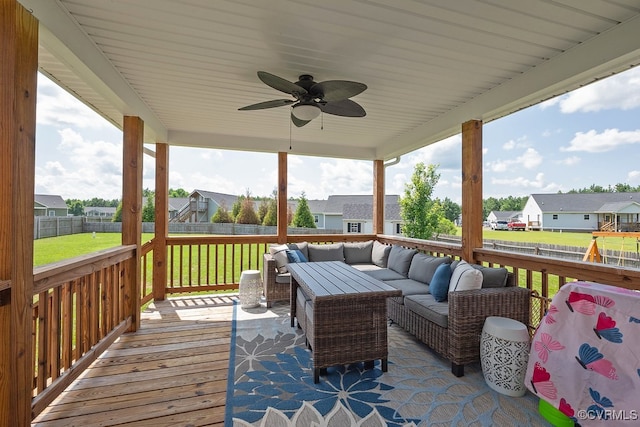 8622 Rock Cedar Rd, New Kent, VA 23124 - wooden terrace featuring a residential view, an outdoor living space, a fenced backyard, and ceiling fan