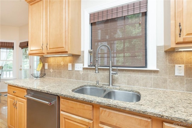 4837 Glenmorgan Ct, Chester, VA 23831 - kitchen with stainless steel dishwasher, light brown cabinets, light stone counters, and decorative backsplash
