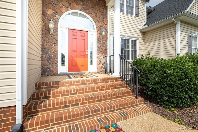 4837 Glenmorgan Ct, Chester, VA 23831 - property entrance featuring roof with shingles and stone siding