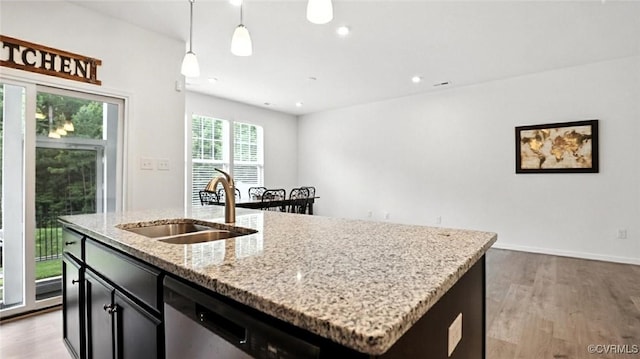 7750 Leeds Castle Ln, New Kent, VA 23124 - kitchen with dishwasher, light wood finished floors, a kitchen island with sink, dark cabinetry, and decorative light fixtures
