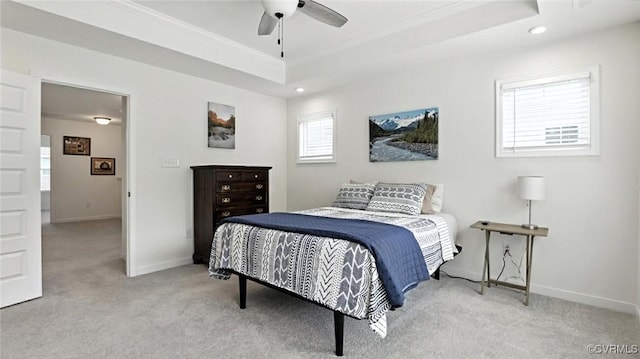 7750 Leeds Castle Ln, New Kent, VA 23124 - bedroom with light carpet, a tray ceiling, recessed lighting, and ceiling fan