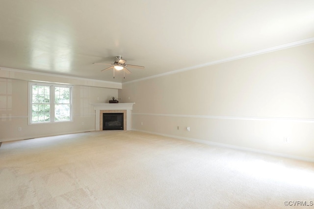 5636 Charter Oak Dr, Chesterfield, VA 23832 - unfurnished living room with crown molding, a ceiling fan, a tiled fireplace, and carpet