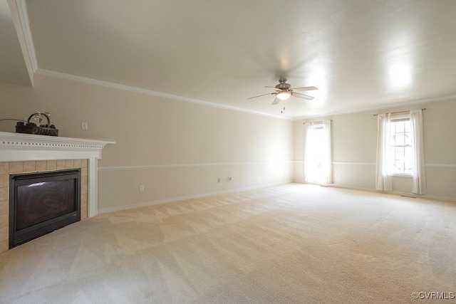 5636 Charter Oak Dr, Chesterfield, VA 23832 - unfurnished living room with a ceiling fan, a tile fireplace, ornamental molding, and carpet flooring