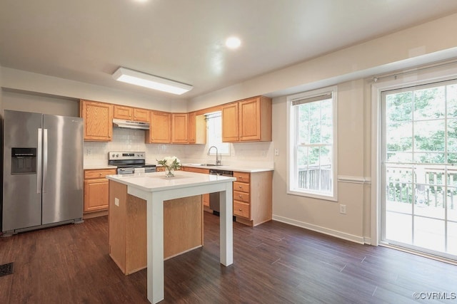 5636 Charter Oak Dr, Chesterfield, VA 23832 - kitchen with stainless steel appliances, light countertops, under cabinet range hood, dark wood-style flooring, and tasteful backsplash