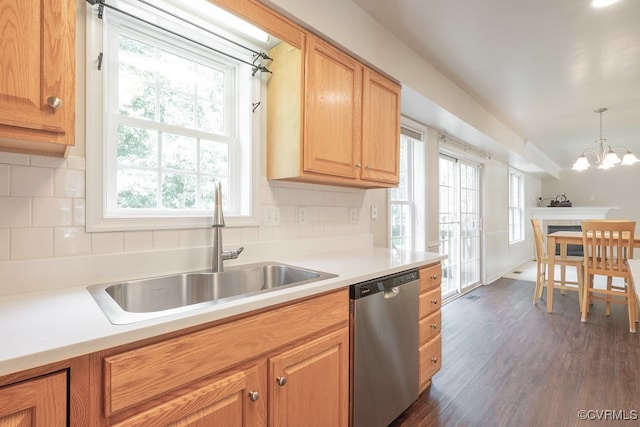 5636 Charter Oak Dr, Chesterfield, VA 23832 - kitchen with stainless steel dishwasher, plenty of natural light, dark wood-style flooring, and light countertops