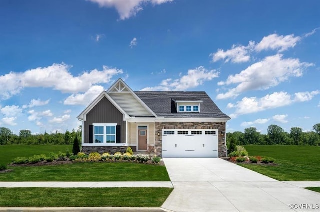 7501 Indian River Run, Henrico, VA 23231 - craftsman-style house featuring stone siding, driveway, a front yard, and an attached garage