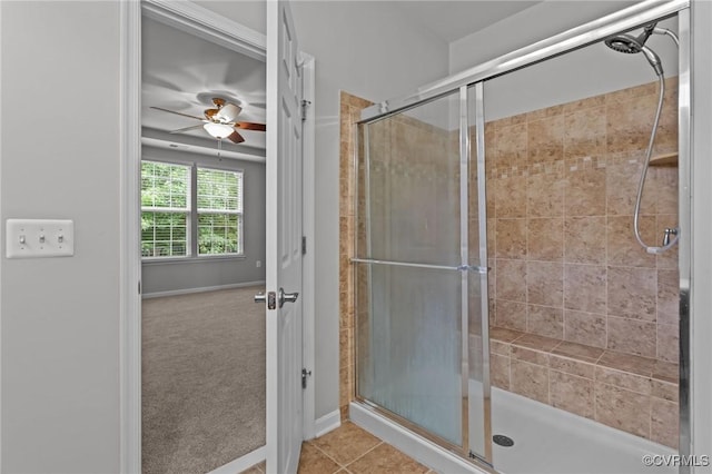 8334 E Lord Botetourt Loop, New Kent, VA 23124 - full bath featuring a shower stall, tile patterned flooring, and ceiling fan