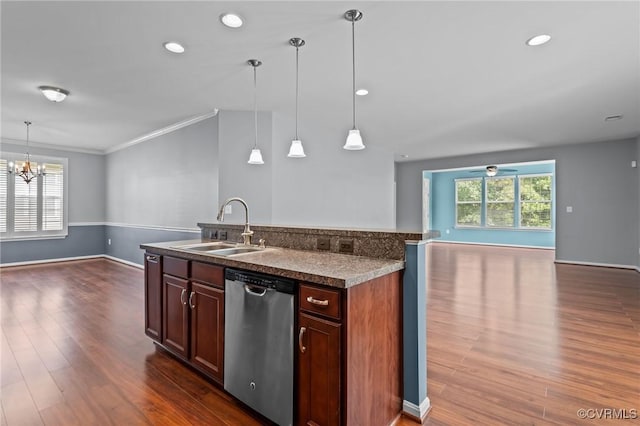 8334 E Lord Botetourt Loop, New Kent, VA 23124 - kitchen with dishwasher, open floor plan, dark wood-style floors, a chandelier, and ornamental molding