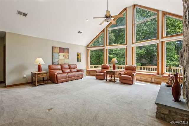 6002 Prospectors Bluff Ln, Mechanicsville, VA 23116 - living area with high vaulted ceiling, carpet, and ceiling fan