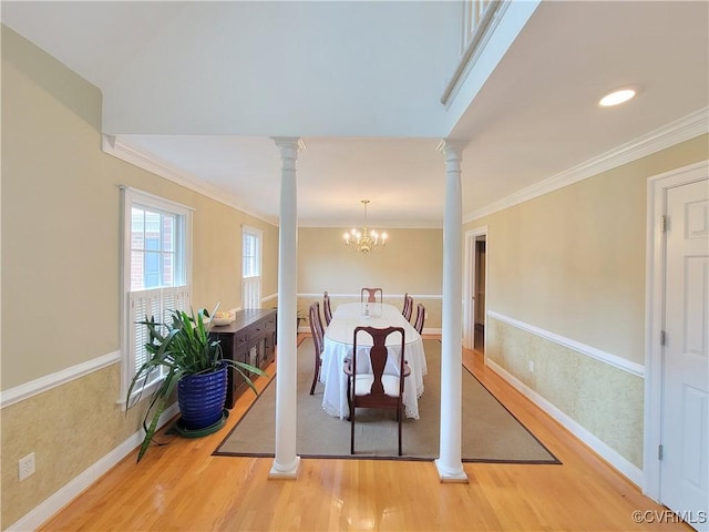 231 White Sand Ct, Colonial Heights, VA 23834 - dining room featuring wood finished floors, crown molding, decorative columns, and a chandelier
