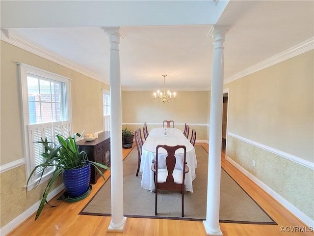 231 White Sand Ct, Colonial Heights, VA 23834 - dining area featuring ornamental molding, wood finished floors, ornate columns, and a chandelier