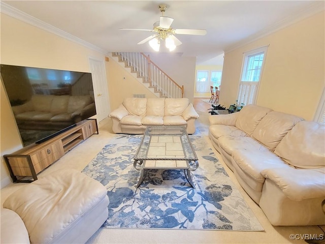 231 White Sand Ct, Colonial Heights, VA 23834 - living area with crown molding, stairs, and ceiling fan