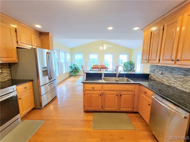 231 White Sand Ct, Colonial Heights, VA 23834 - kitchen featuring appliances with stainless steel finishes, a peninsula, light wood-type flooring, backsplash, and lofted ceiling