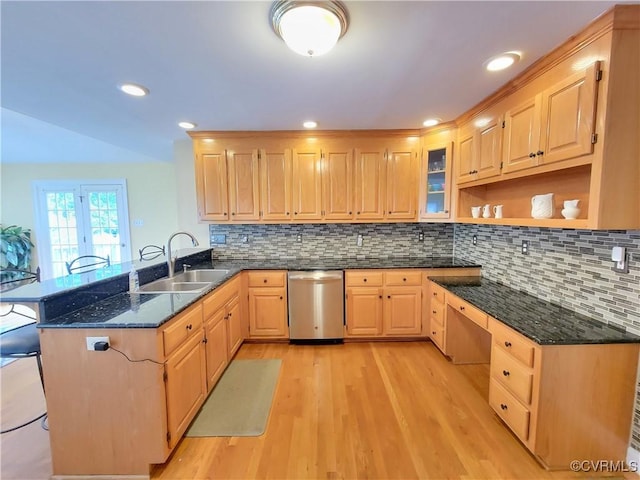 231 White Sand Ct, Colonial Heights, VA 23834 - kitchen featuring stainless steel dishwasher, a peninsula, light brown cabinetry, light wood-style floors, and recessed lighting