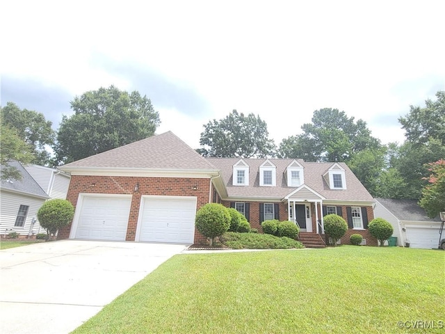 231 White Sand Ct, Colonial Heights, VA 23834 - cape cod house with brick siding, a front lawn, a garage, driveway, and a shingled roof