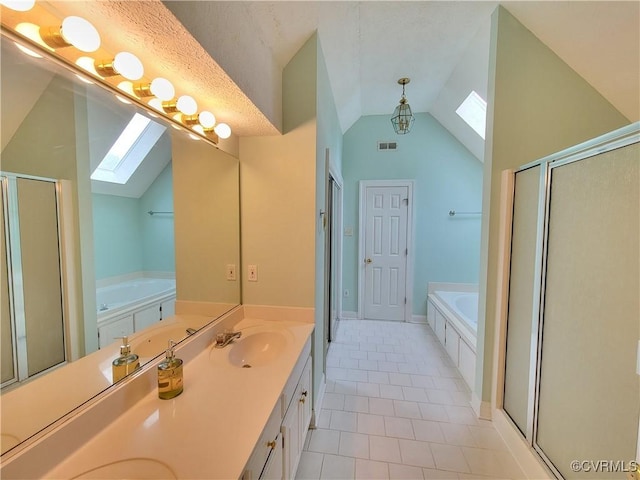 231 White Sand Ct, Colonial Heights, VA 23834 - full bathroom featuring a skylight, vaulted ceiling, a stall shower, a bath, and vanity
