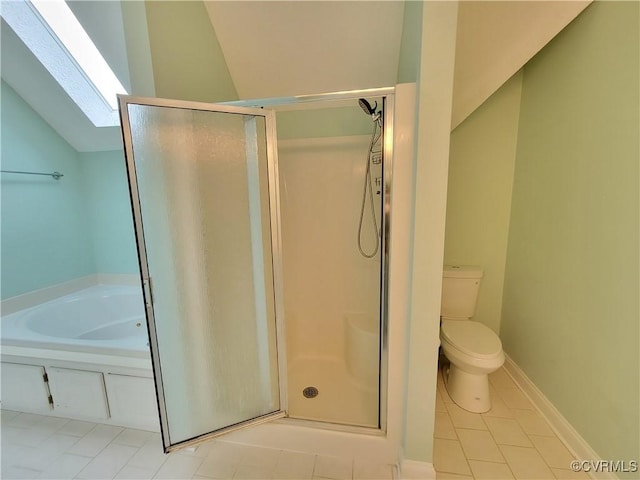 231 White Sand Ct, Colonial Heights, VA 23834 - full bathroom with a skylight, a shower stall, lofted ceiling, tile patterned floors, and a garden tub