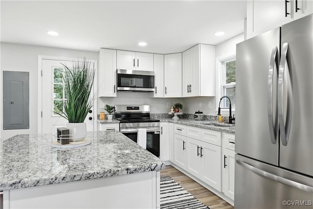 22805 Carson Rd, Carson, VA 23841 - kitchen with stainless steel appliances, electric panel, healthy amount of natural light, white cabinets, and recessed lighting