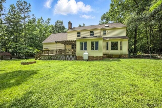13241 Bailey Bridge Rd, North Chesterfield, VA 23112 - rear view of house with a pergola, a wooden deck, a chimney, and crawl space