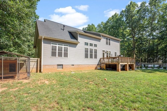 1450 Palmore Rd, Powhatan, VA 23139 - back of property with a wooden deck, crawl space, and a shingled roof