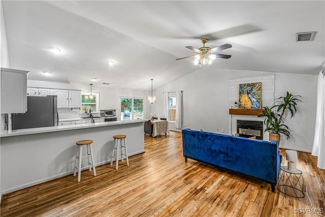 4508 Philips Path, Kents Store, VA 23084 - living room featuring a ceiling fan, light wood-type flooring, a glass covered fireplace, and lofted ceiling