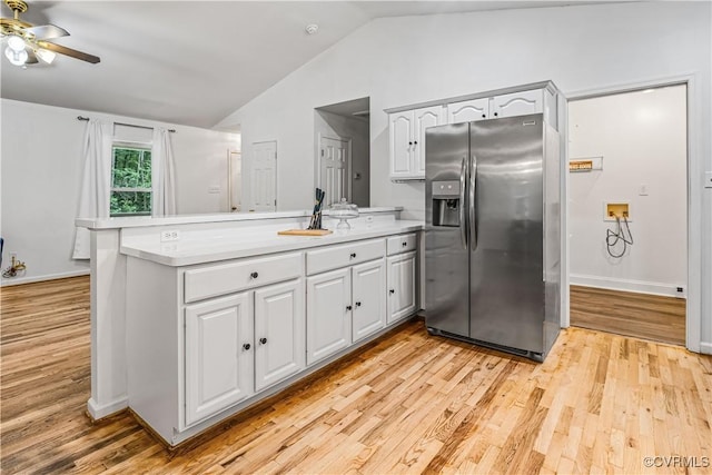 4508 Philips Path, Kents Store, VA 23084 - kitchen with stainless steel fridge, a peninsula, a ceiling fan, light wood finished floors, and vaulted ceiling