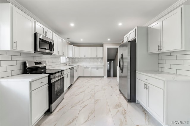 4816 Stornoway Dr, Ampthill, VA 23234 - kitchen featuring stainless steel appliances, white cabinetry, recessed lighting, light marble finish flooring, and tasteful backsplash
