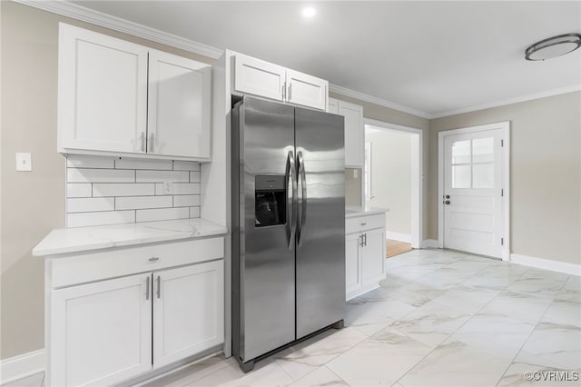 4816 Stornoway Dr, Ampthill, VA 23234 - kitchen featuring stainless steel refrigerator with ice dispenser, light marble finish floors, crown molding, white cabinetry, and tasteful backsplash
