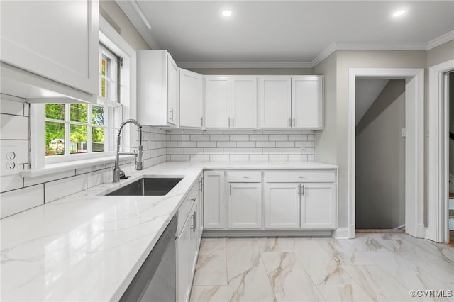 4816 Stornoway Dr, Ampthill, VA 23234 - kitchen featuring light stone countertops, backsplash, white cabinetry, light marble finish flooring, and recessed lighting