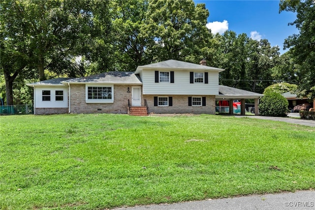 4816 Stornoway Dr, Ampthill, VA 23234 - tri-level home featuring driveway, a front yard, brick siding, entry steps, and an attached carport
