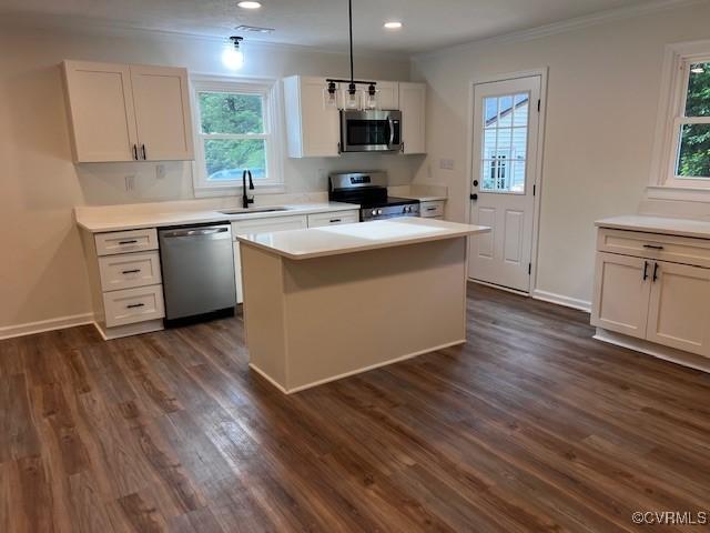 1781 Signboard Rd, Bumpass, VA 23024 - kitchen with appliances with stainless steel finishes, ornamental molding, healthy amount of natural light, dark wood-style flooring, and recessed lighting