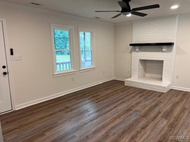 1781 Signboard Rd, Bumpass, VA 23024 - unfurnished living room with a ceiling fan, dark wood-type flooring, crown molding, and a brick fireplace
