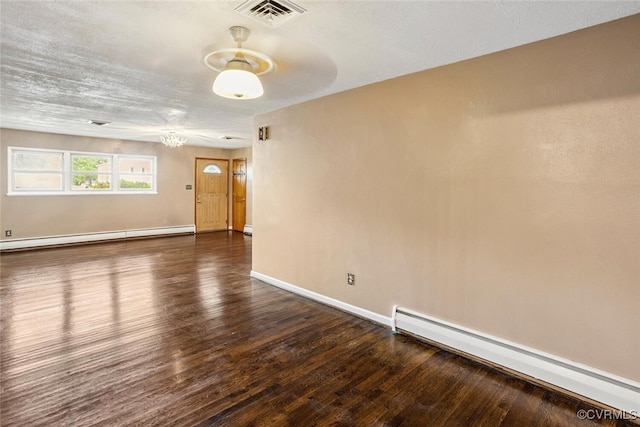 2407 Birchwood Rd, Henrico, VA 23294 - empty room with a baseboard radiator, dark wood-style flooring, and a chandelier