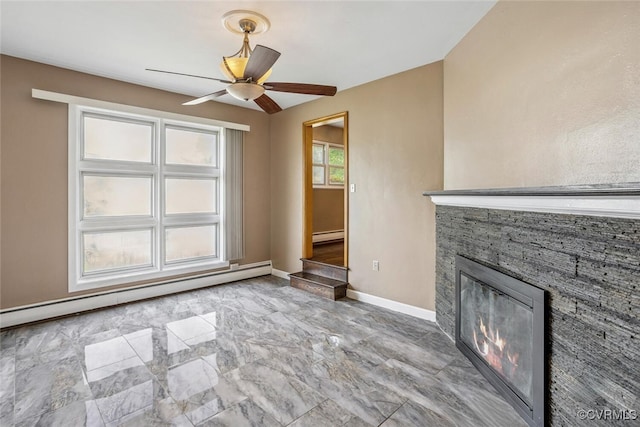 2407 Birchwood Rd, Henrico, VA 23294 - unfurnished living room featuring a baseboard radiator, a fireplace, a ceiling fan, marble finish floors, and baseboard heating