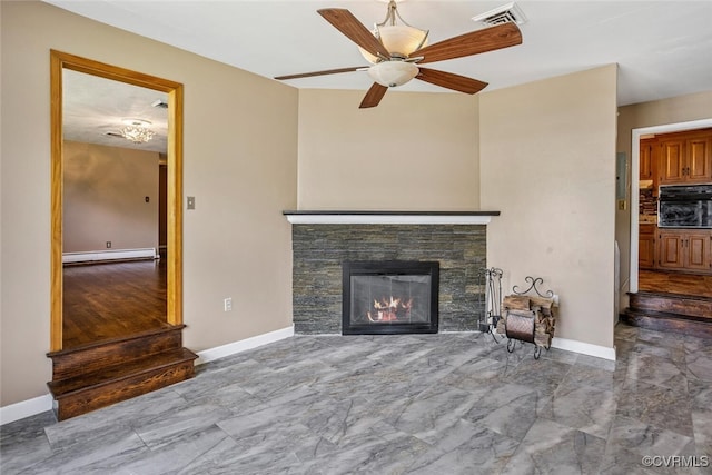 2407 Birchwood Rd, Henrico, VA 23294 - living room with marble finish floors, a baseboard heating unit, a stone fireplace, and ceiling fan