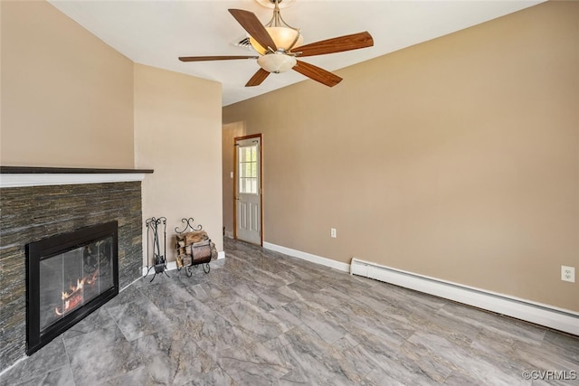 2407 Birchwood Rd, Henrico, VA 23294 - unfurnished living room with a baseboard heating unit, a fireplace, a ceiling fan, and marble finish floors