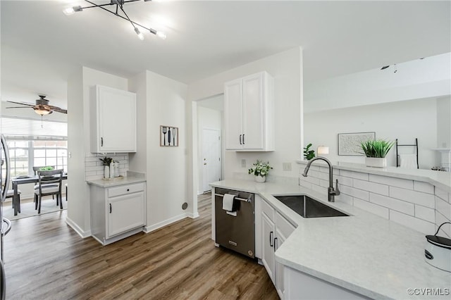915 Jamerson Ln, Glen Allen, VA 23059 - kitchen with stainless steel dishwasher, decorative backsplash, white cabinets, and dark wood-style flooring