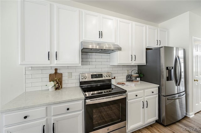 915 Jamerson Ln, Glen Allen, VA 23059 - kitchen with appliances with stainless steel finishes, under cabinet range hood, white cabinets, and decorative backsplash