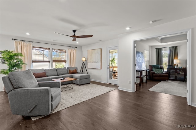 10109 Hollythorne Ln, Mechanicsville, VA 23116 - living area featuring a ceiling fan, healthy amount of natural light, dark wood-style flooring, and recessed lighting