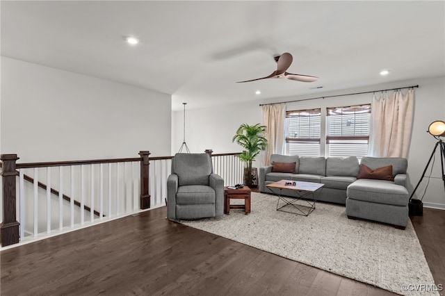 10109 Hollythorne Ln, Mechanicsville, VA 23116 - living area with dark wood-style flooring, ceiling fan, and recessed lighting