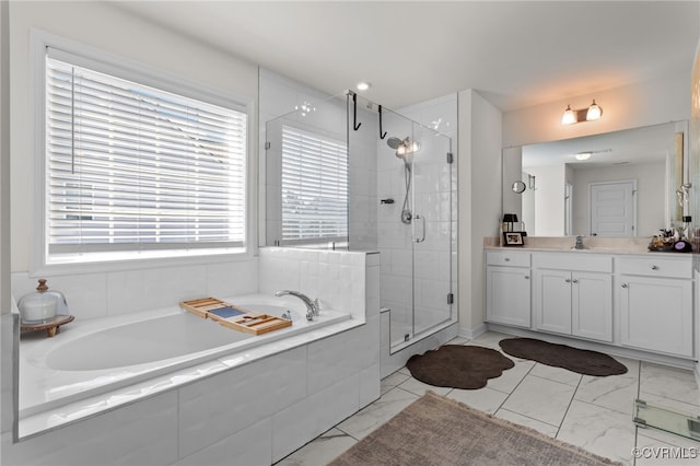 10109 Hollythorne Ln, Mechanicsville, VA 23116 - full bathroom with a bath, vanity, a stall shower, and marble look tiles