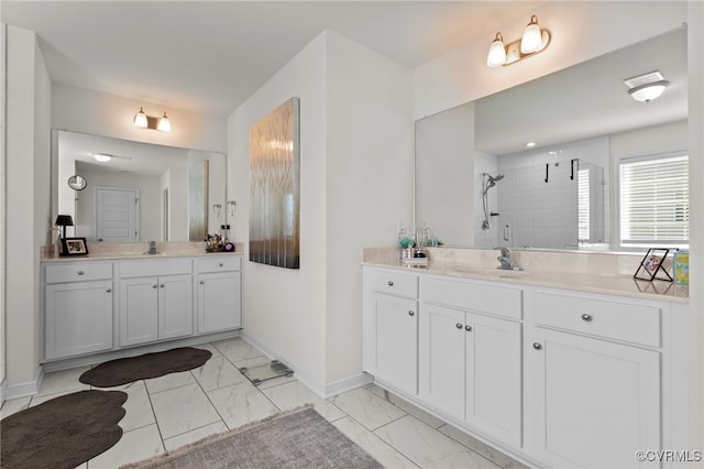 10109 Hollythorne Ln, Mechanicsville, VA 23116 - full bath with marble look tile flooring, a stall shower, and two vanities
