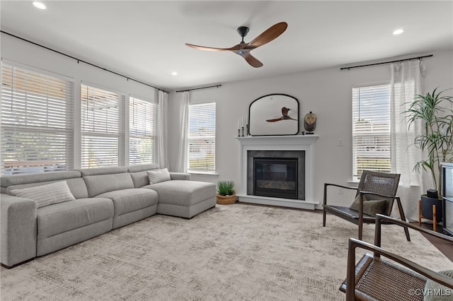 10109 Hollythorne Ln, Mechanicsville, VA 23116 - living area with a ceiling fan, plenty of natural light, a glass covered fireplace, and recessed lighting